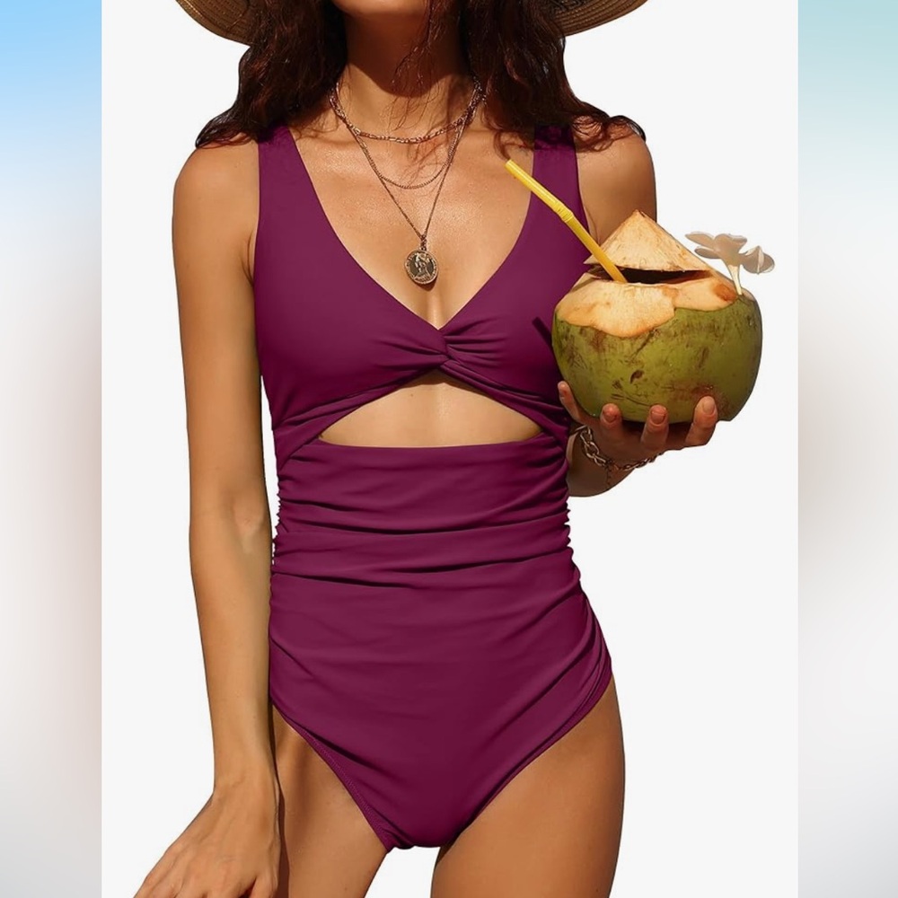 🚘Chamo Stylish Purple  One Piece Swimsuit with cut out rushing v neck